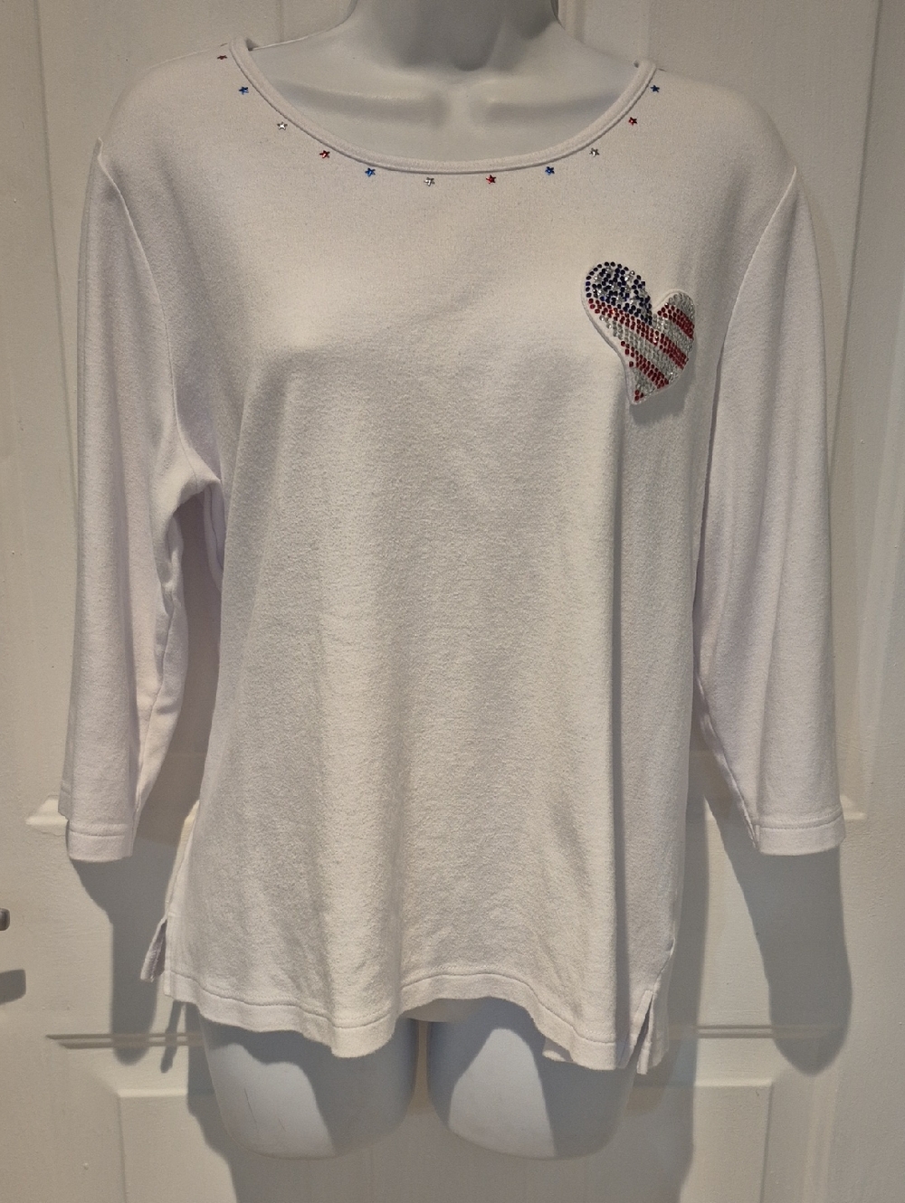 Quacker Factory White top with Red White & Blue Rhinestone Embellishments. L